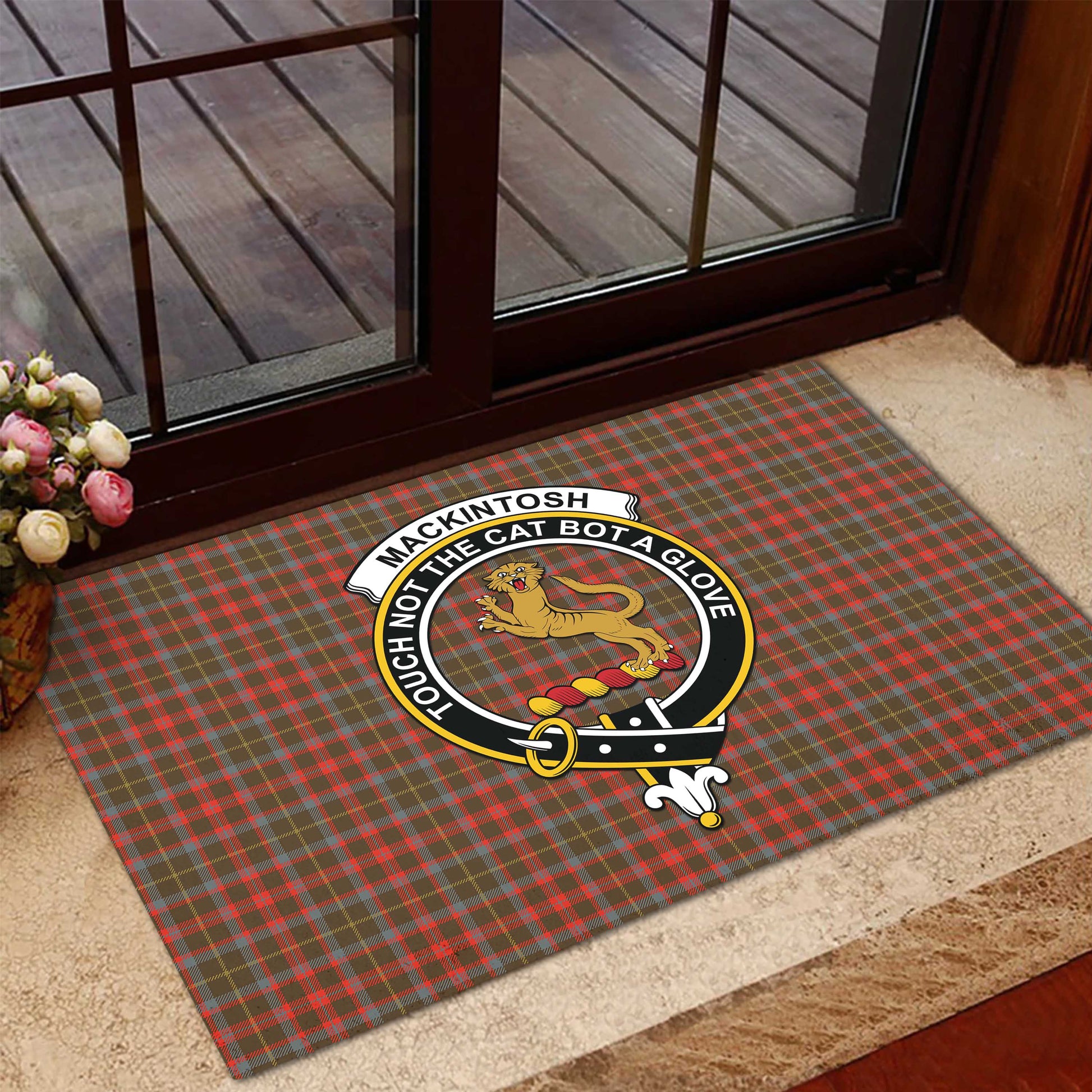 MacKintosh Hunting Weathered Tartan Door Mat with Family Crest - Tartanvibesclothing