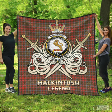 MacKintosh Hunting Weathered Tartan Quilt with Clan Crest and the Golden Sword of Courageous Legacy