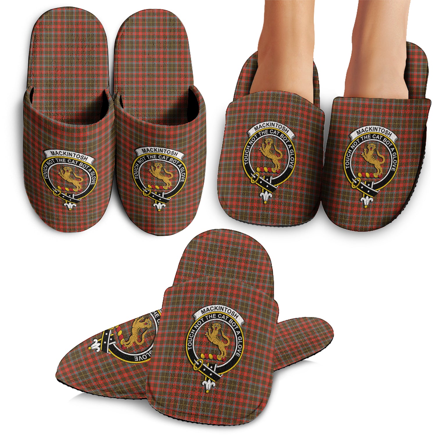 MacKintosh Hunting Weathered Tartan Home Slippers with Family Crest - Tartanvibesclothing