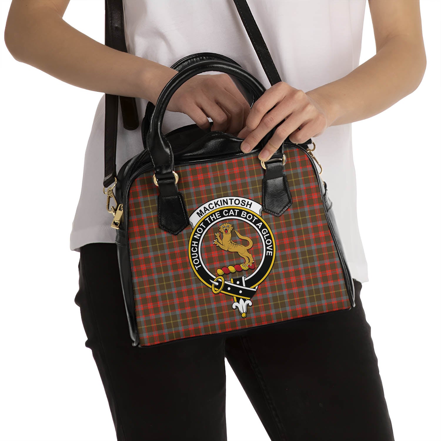 MacKintosh Hunting Weathered Tartan Shoulder Handbags with Family Crest - Tartanvibesclothing