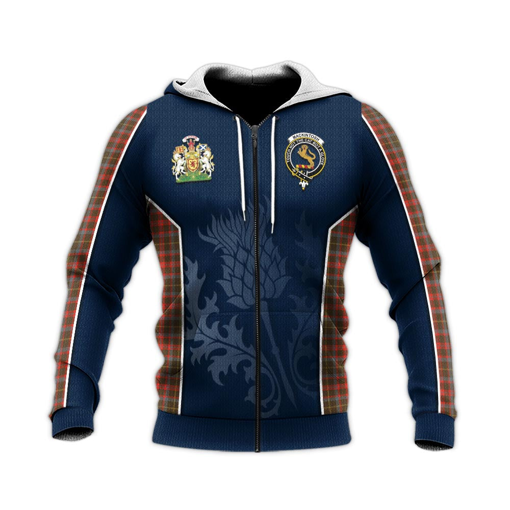 Tartan Vibes Clothing MacKintosh Hunting Weathered Tartan Knitted Hoodie with Family Crest and Scottish Thistle Vibes Sport Style