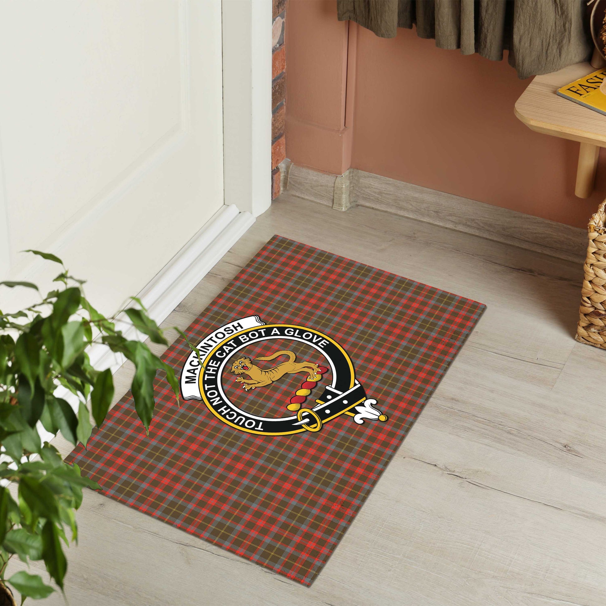 MacKintosh Hunting Weathered Tartan Door Mat with Family Crest - Tartanvibesclothing