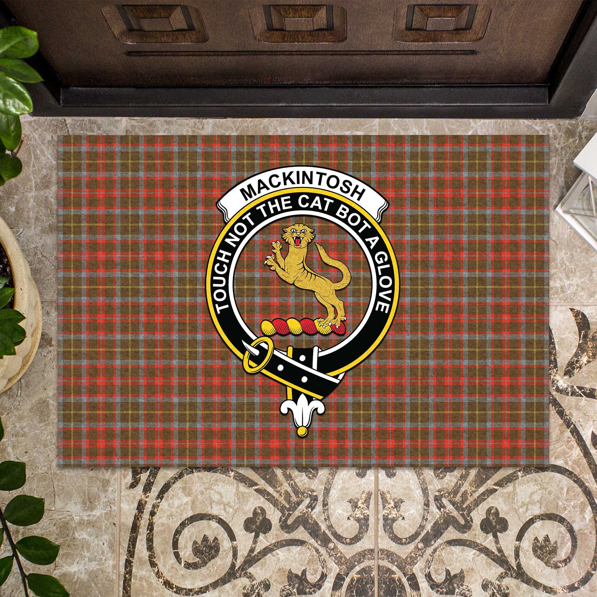 MacKintosh Hunting Weathered Tartan Door Mat with Family Crest - Tartanvibesclothing