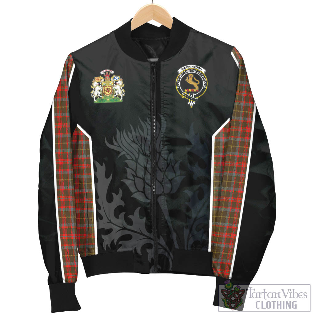 Tartan Vibes Clothing MacKintosh Hunting Weathered Tartan Bomber Jacket with Family Crest and Scottish Thistle Vibes Sport Style