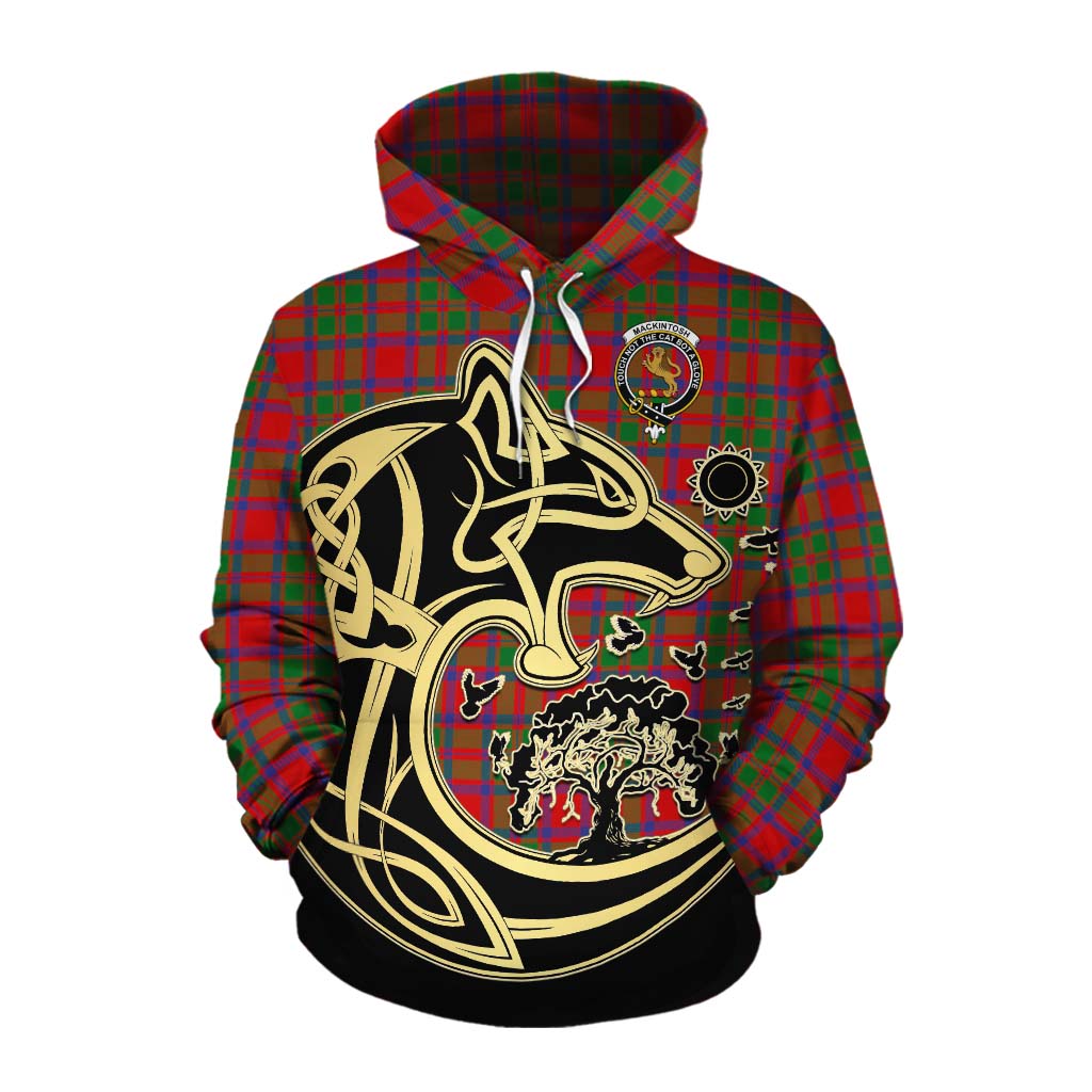 Tartan Vibes Clothing MacKintosh (McKintosh) Tartan Cotton Hoodie with Family Crest Celtic Wolf Style