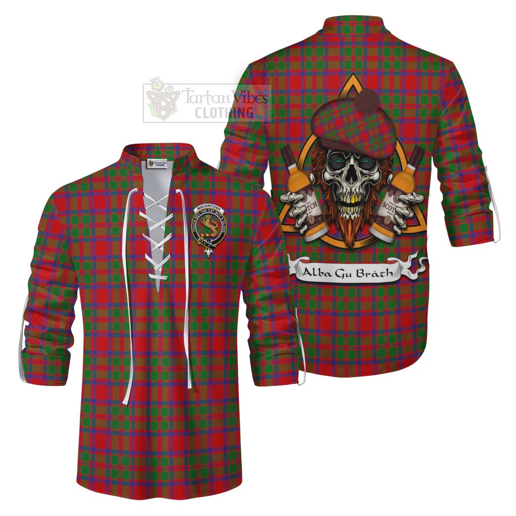 Tartan Vibes Clothing MacKintosh (McKintosh) Tartan Ghillie Kilt Shirt with Family Crest and Bearded Skull Holding Bottles of Whiskey