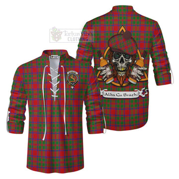 MacKintosh (McKintosh) Tartan Ghillie Kilt Shirt with Family Crest and Bearded Skull Holding Bottles of Whiskey