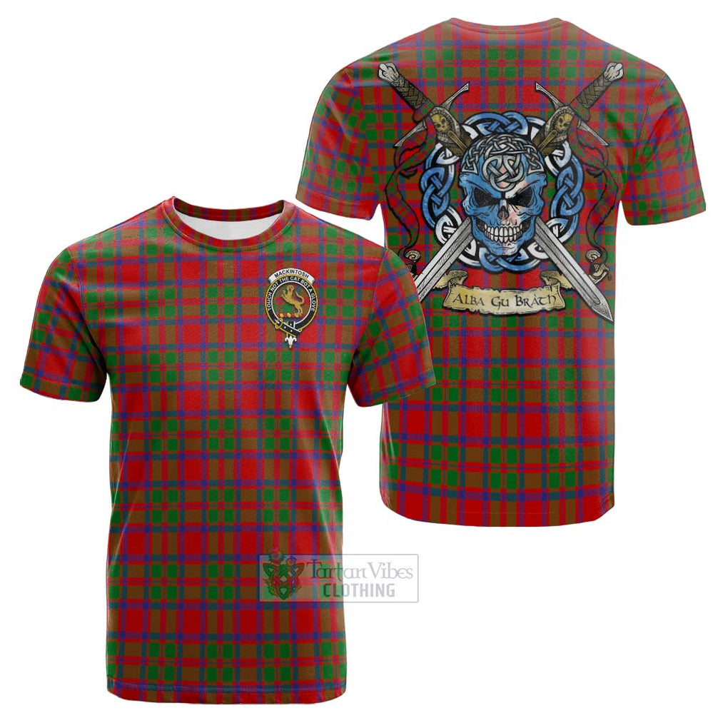 Tartan Vibes Clothing MacKintosh (McKintosh) Tartan Cotton T-shirt with Family Crest Celtic Skull Style