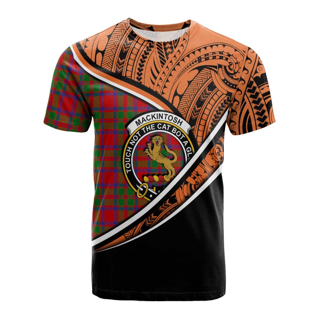 Tartan Vibes Clothing MacKintosh (McKintosh) Crest Tartan Cotton T-shirt with Maori Tattoo Style - Orange Version