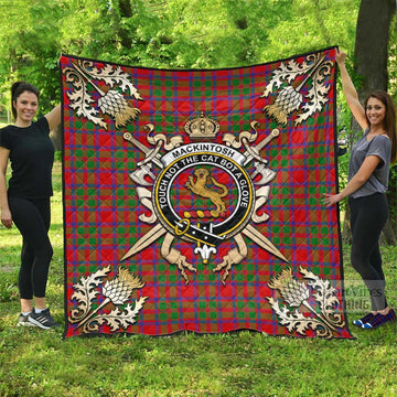 MacKintosh (McKintosh) Tartan Quilt with Family Crest and Golden Thistle Crossed Sword Design