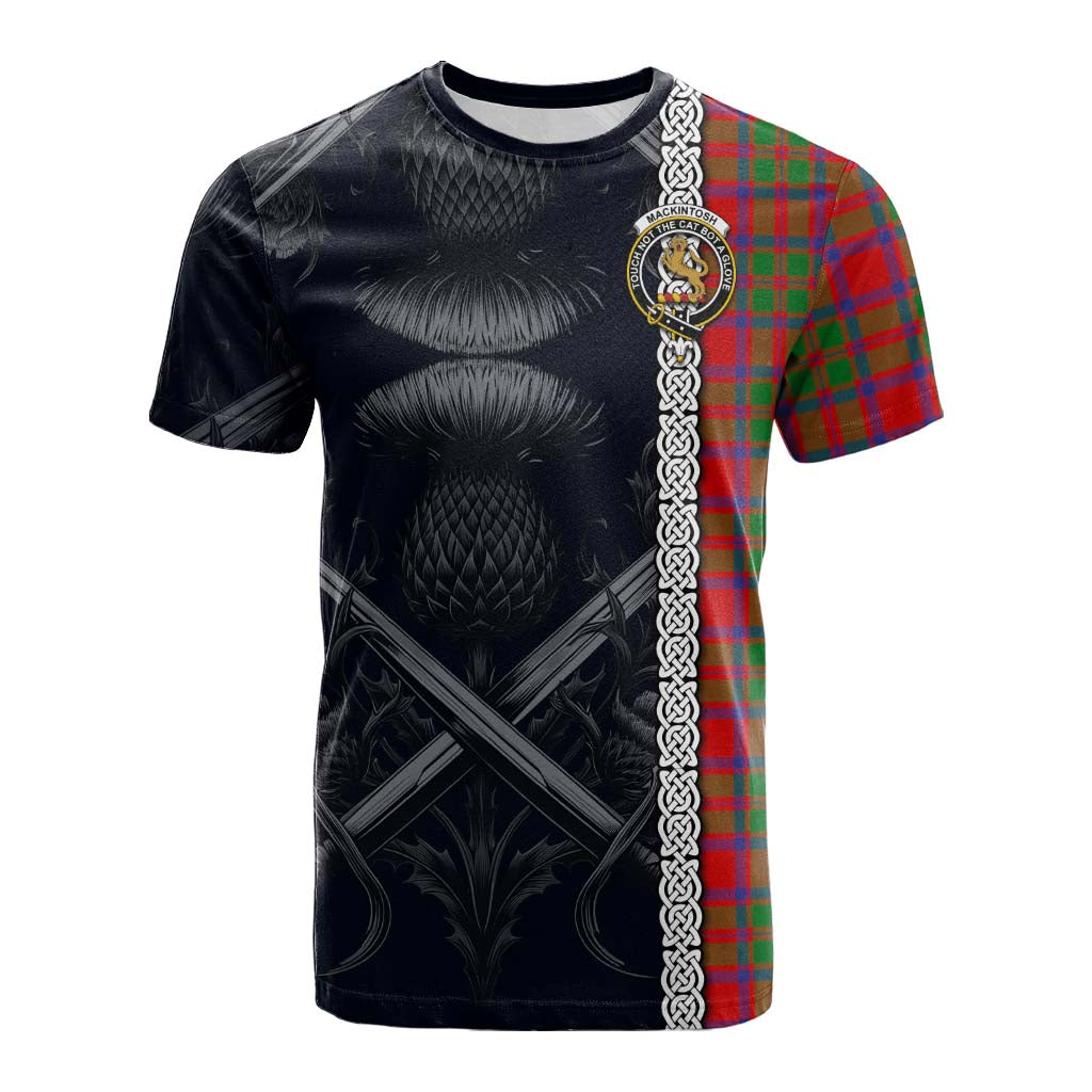 Tartan Vibes Clothing MacKintosh (McKintosh) Tartan Cotton T-shirt with Family Crest Cross Sword Thistle Celtic Vibes