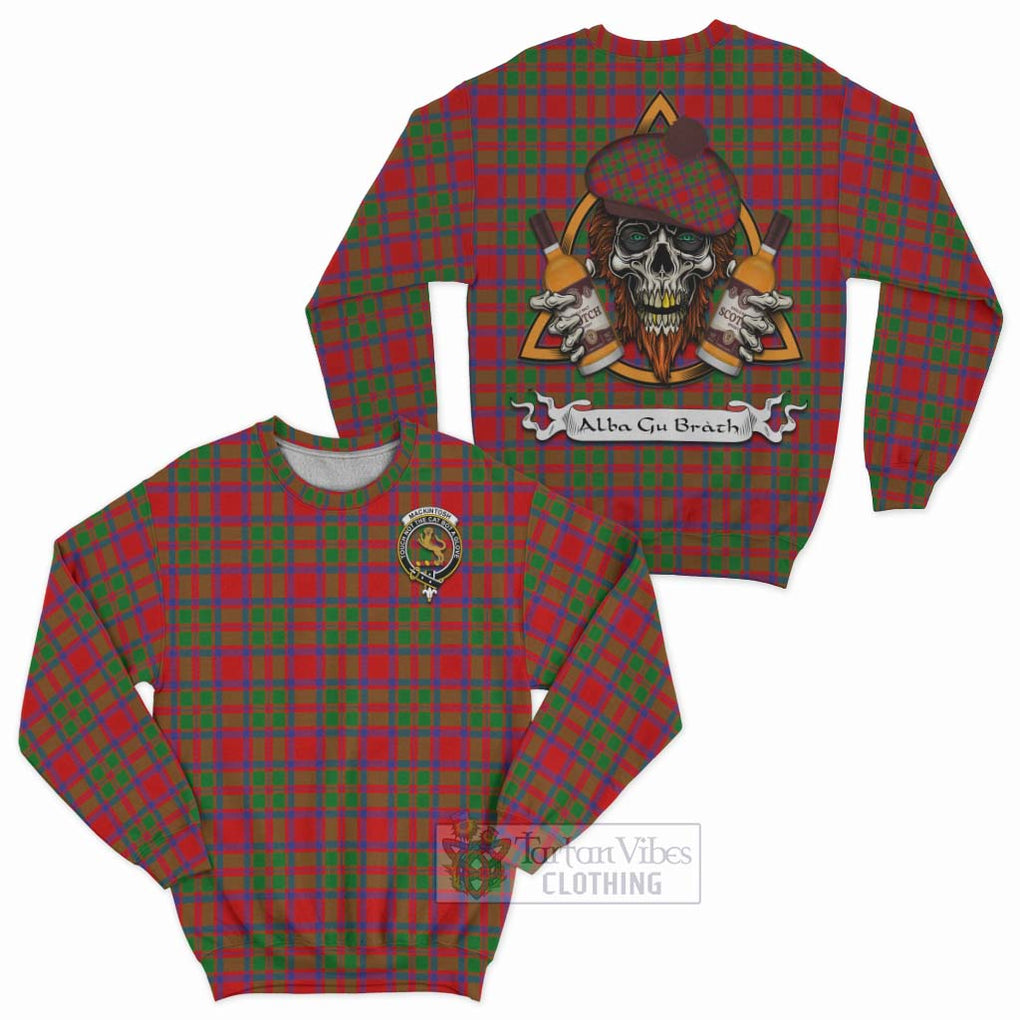 Tartan Vibes Clothing MacKintosh (McKintosh) Tartan Sweatshirt with Family Crest and Bearded Skull Holding Bottles of Whiskey