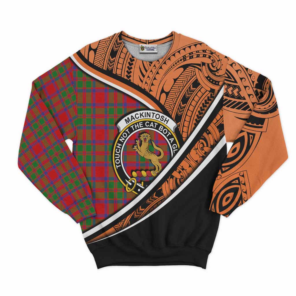 Tartan Vibes Clothing MacKintosh (McKintosh) Crest Tartan Sweatshirt with Maori Tattoo Style - Orange Version