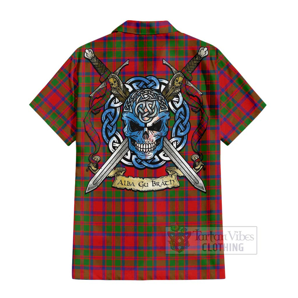 Tartan Vibes Clothing MacKintosh (McKintosh) Tartan Short Sleeve Button Shirt with Family Crest Celtic Skull Style