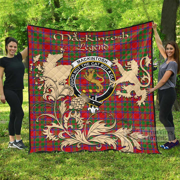 MacKintosh (McKintosh) Tartan Quilt with Family Crest and Scottish Symbol Style