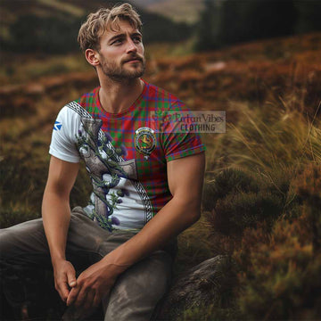 MacKintosh (McKintosh) Tartan T-Shirt with Family Crest and St. Andrew's Cross Accented by Thistle Vines