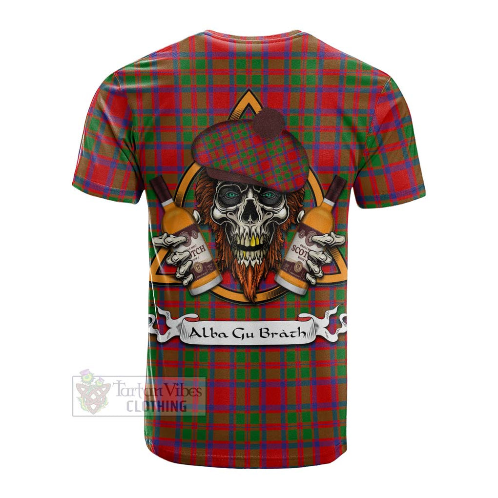 Tartan Vibes Clothing MacKintosh (McKintosh) Tartan Cotton T-shirt with Family Crest and Bearded Skull Holding Bottles of Whiskey