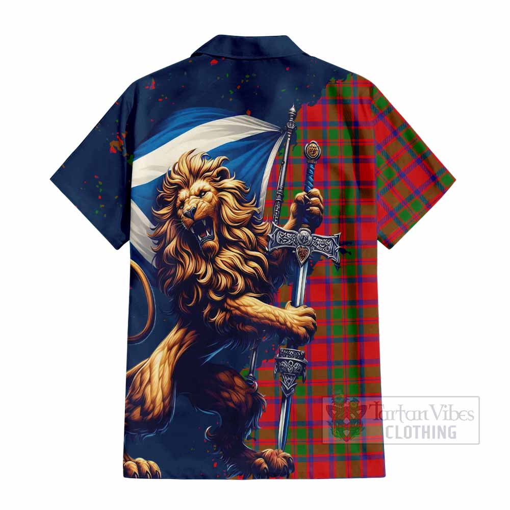 Tartan Vibes Clothing MacKintosh (McKintosh) Tartan Family Crest Short Sleeve Button Shirt with Scottish Majestic Lion