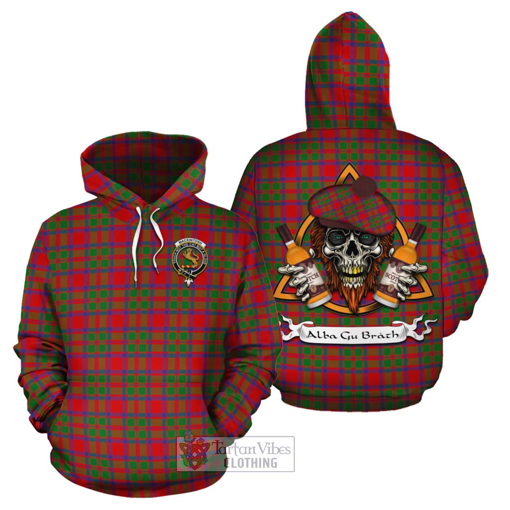 Tartan Vibes Clothing MacKintosh (McKintosh) Tartan Cotton Hoodie with Family Crest and Bearded Skull Holding Bottles of Whiskey