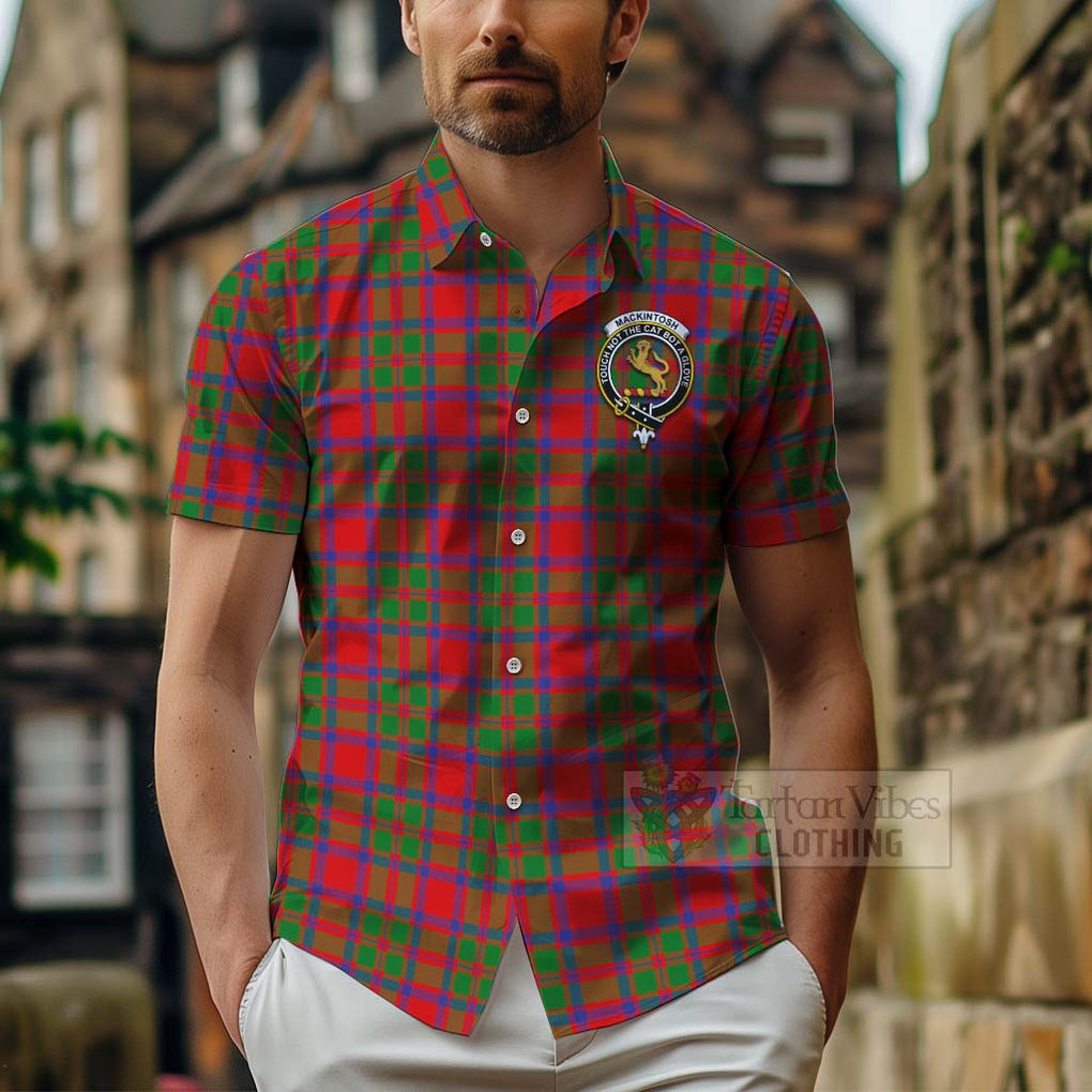 Tartan Vibes Clothing MacKintosh (McKintosh) Tartan Short Sleeve Button Shirt with Family Crest Celtic Skull Style