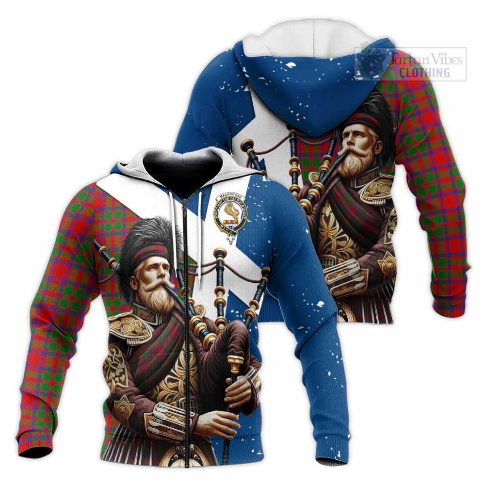 Tartan Vibes Clothing MacKintosh (McKintosh) Tartan Knitted Hoodie with Family Crest Scottish Bagpiper Vibes