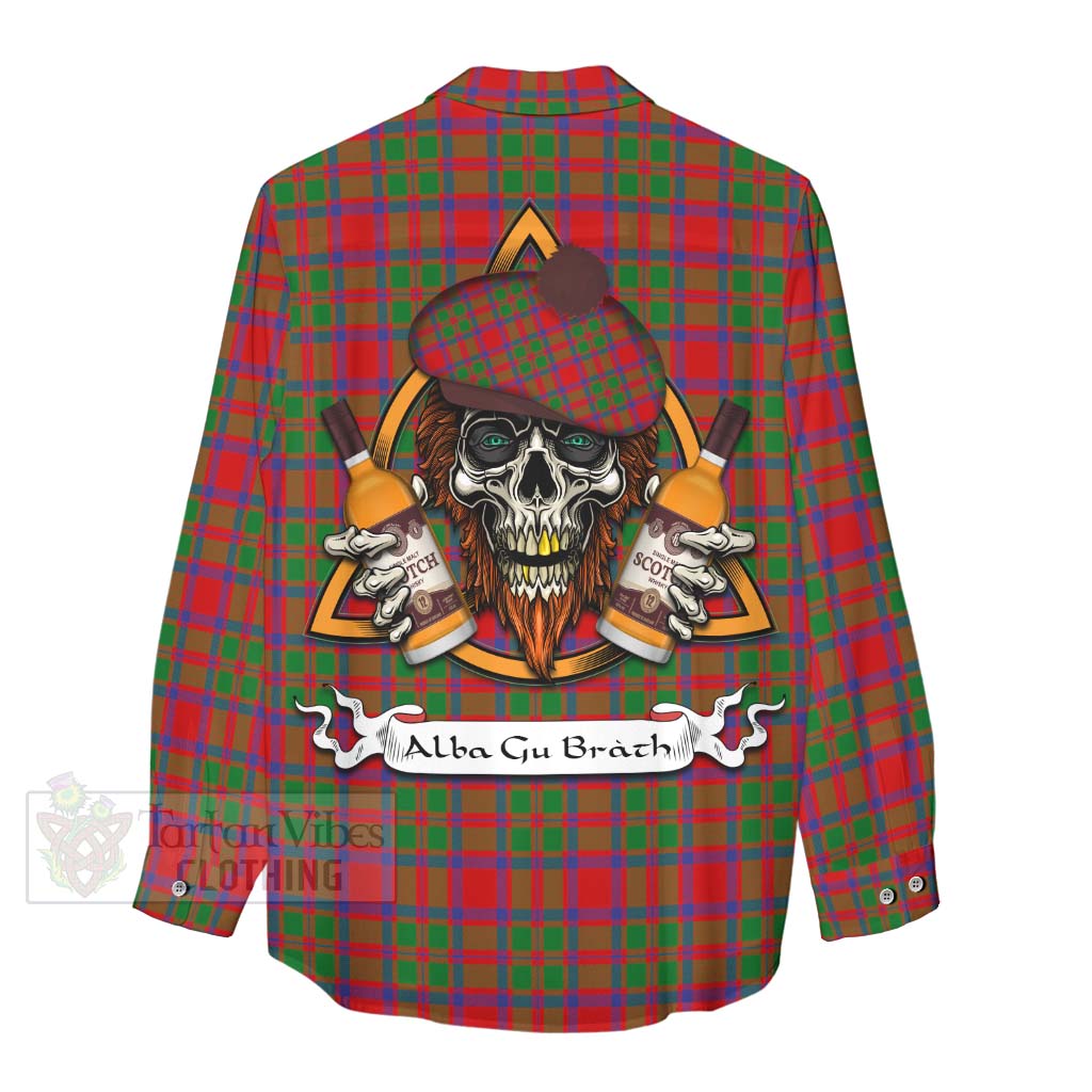 Tartan Vibes Clothing MacKintosh (McKintosh) Tartan Women's Casual Shirt with Family Crest and Bearded Skull Holding Bottles of Whiskey