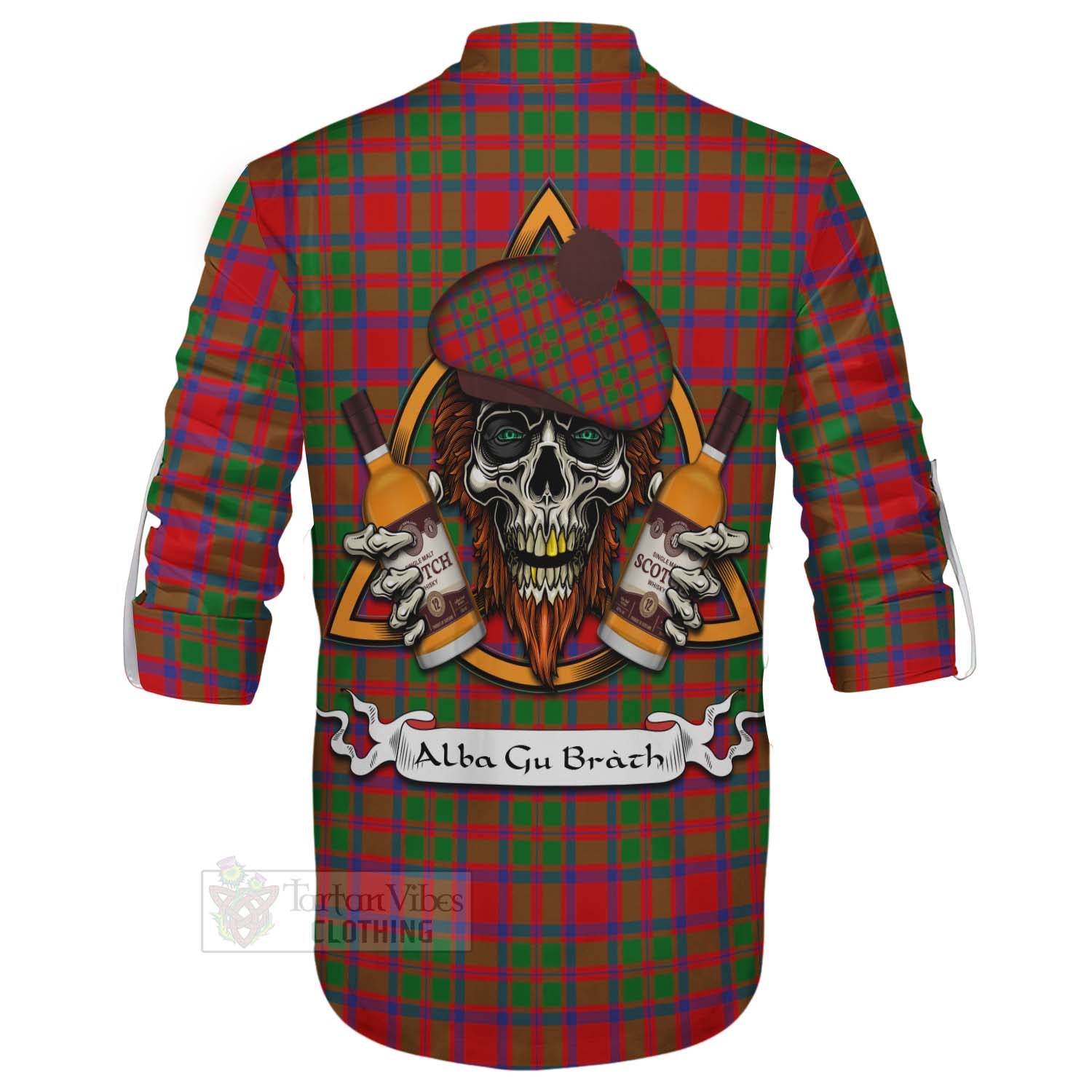 Tartan Vibes Clothing MacKintosh (McKintosh) Tartan Ghillie Kilt Shirt with Family Crest and Bearded Skull Holding Bottles of Whiskey