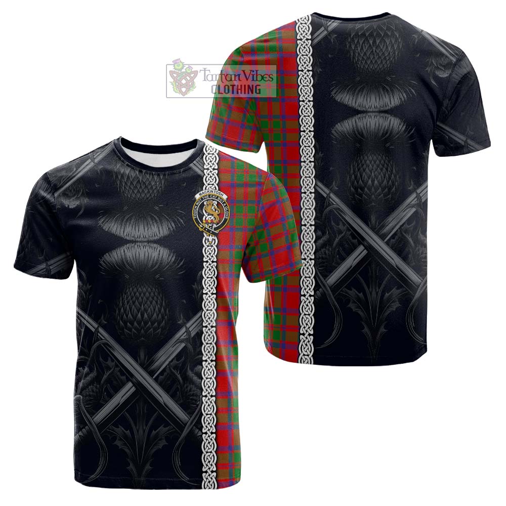 Tartan Vibes Clothing MacKintosh (McKintosh) Tartan Cotton T-shirt with Family Crest Cross Sword Thistle Celtic Vibes