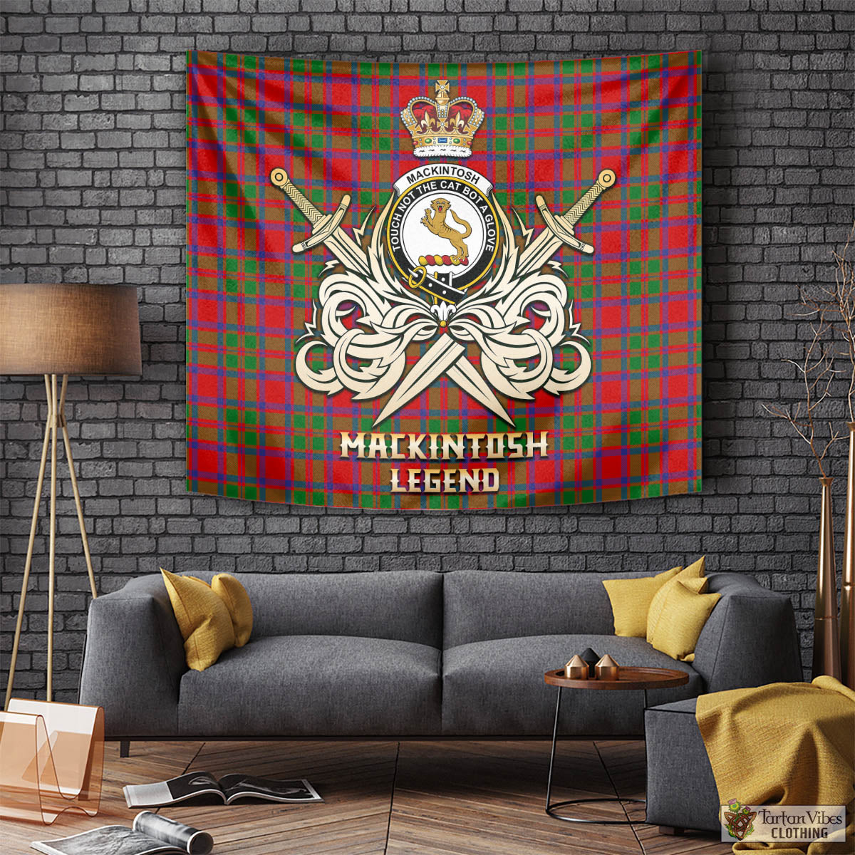 Tartan Vibes Clothing MacKintosh Modern Tartan Tapestry with Clan Crest and the Golden Sword of Courageous Legacy