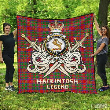 MacKintosh (McKintosh) Tartan Quilt with Clan Crest and the Golden Sword of Courageous Legacy