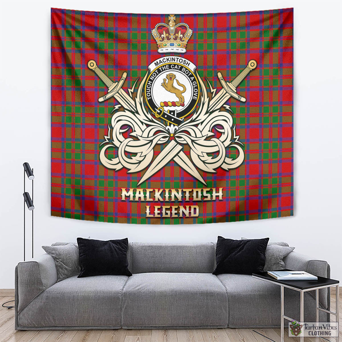 Tartan Vibes Clothing MacKintosh Modern Tartan Tapestry with Clan Crest and the Golden Sword of Courageous Legacy