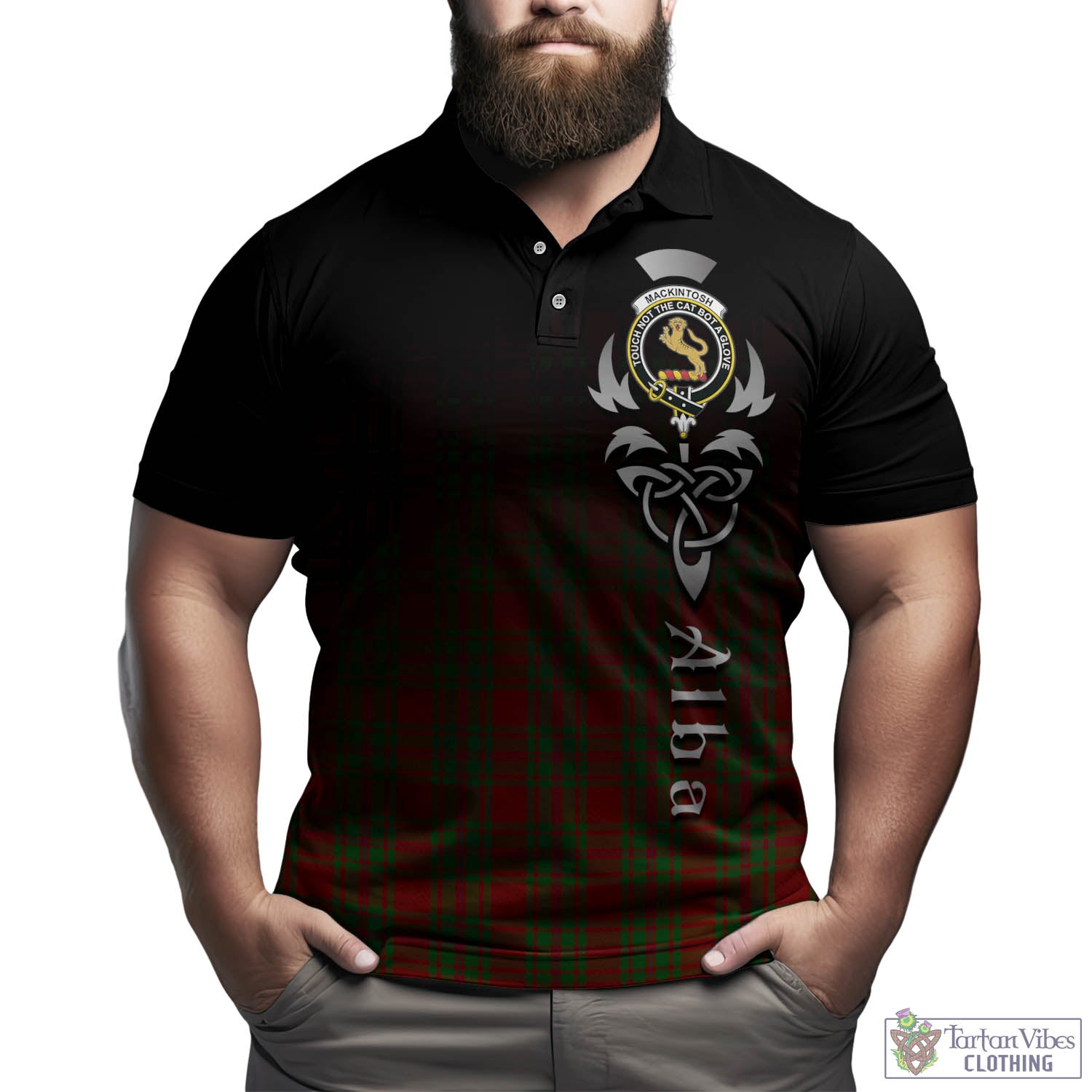 Tartan Vibes Clothing MacKintosh Red Tartan Polo Shirt Featuring Alba Gu Brath Family Crest Celtic Inspired