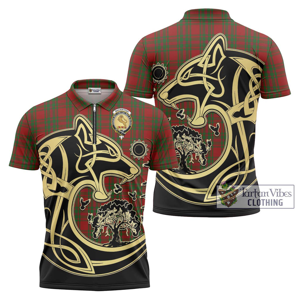 MacKintosh Red Tartan Zipper Polo Shirt with Family Crest Celtic Wolf Style Unisex - Tartanvibesclothing Shop