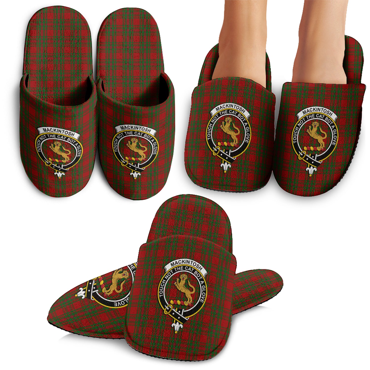 MacKintosh Red Tartan Home Slippers with Family Crest - Tartanvibesclothing