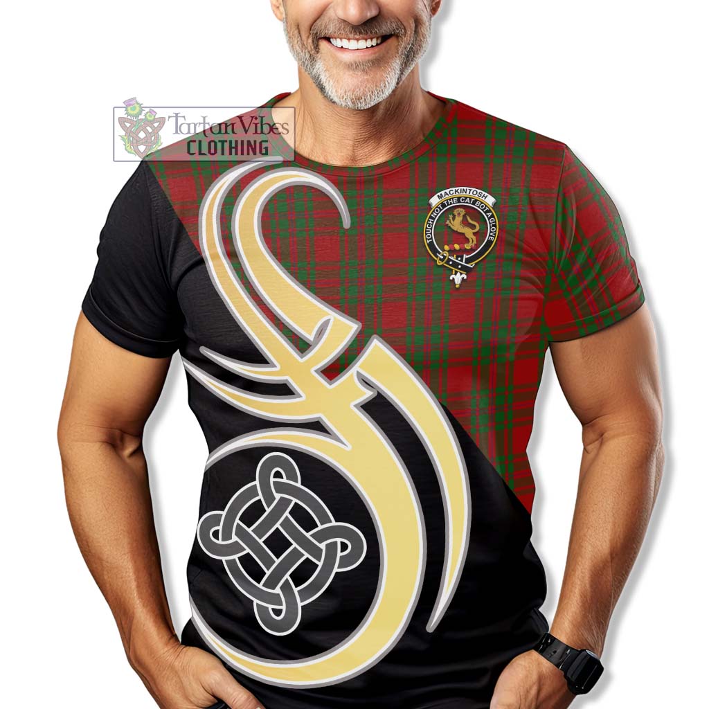 Tartan Vibes Clothing MacKintosh Red Tartan T-Shirt with Family Crest and Celtic Symbol Style