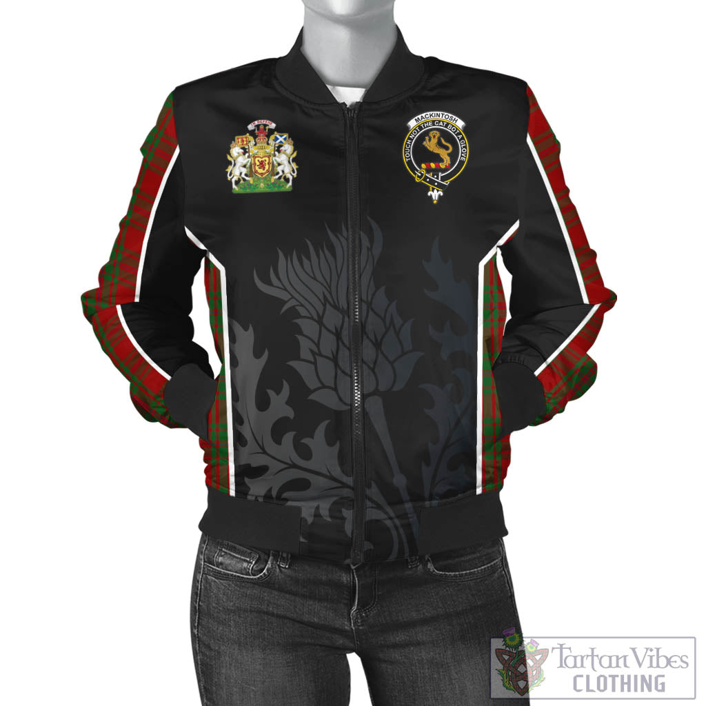 Tartan Vibes Clothing MacKintosh Red Tartan Bomber Jacket with Family Crest and Scottish Thistle Vibes Sport Style