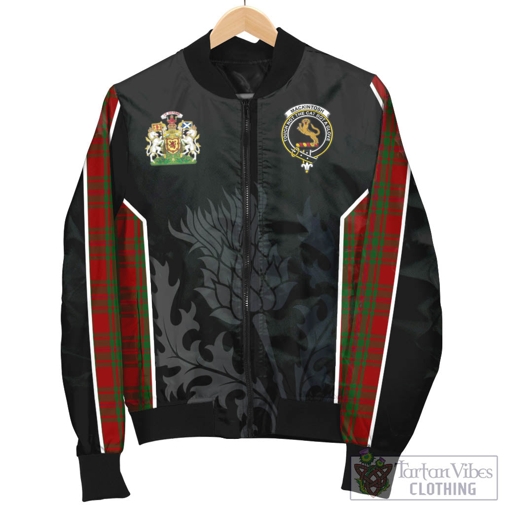 Tartan Vibes Clothing MacKintosh Red Tartan Bomber Jacket with Family Crest and Scottish Thistle Vibes Sport Style