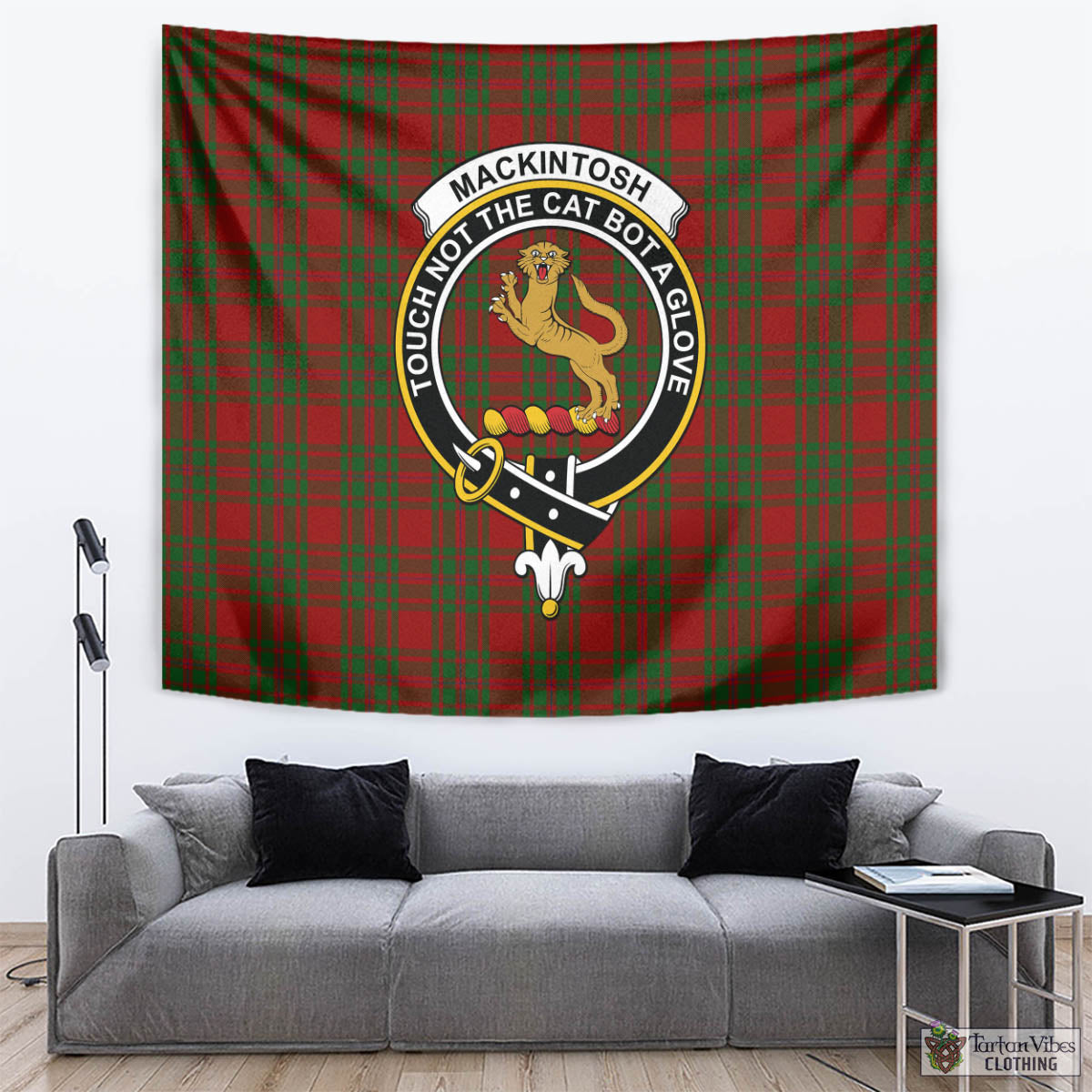 Tartan Vibes Clothing MacKintosh Red Tartan Tapestry Wall Hanging and Home Decor for Room with Family Crest