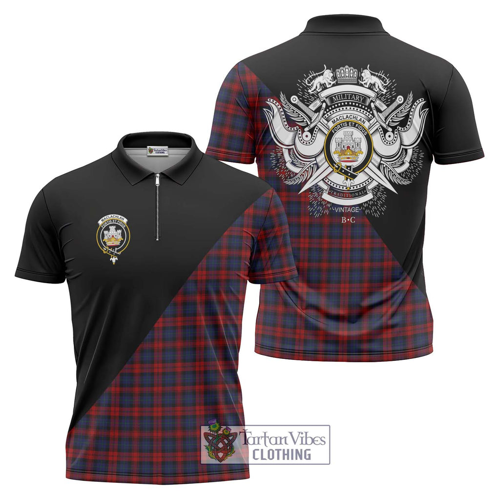 MacLachlan (McLachlan) Tartan Zipper Polo Shirt with Family Crest and Military Logo Style Unisex - Tartanvibesclothing Shop