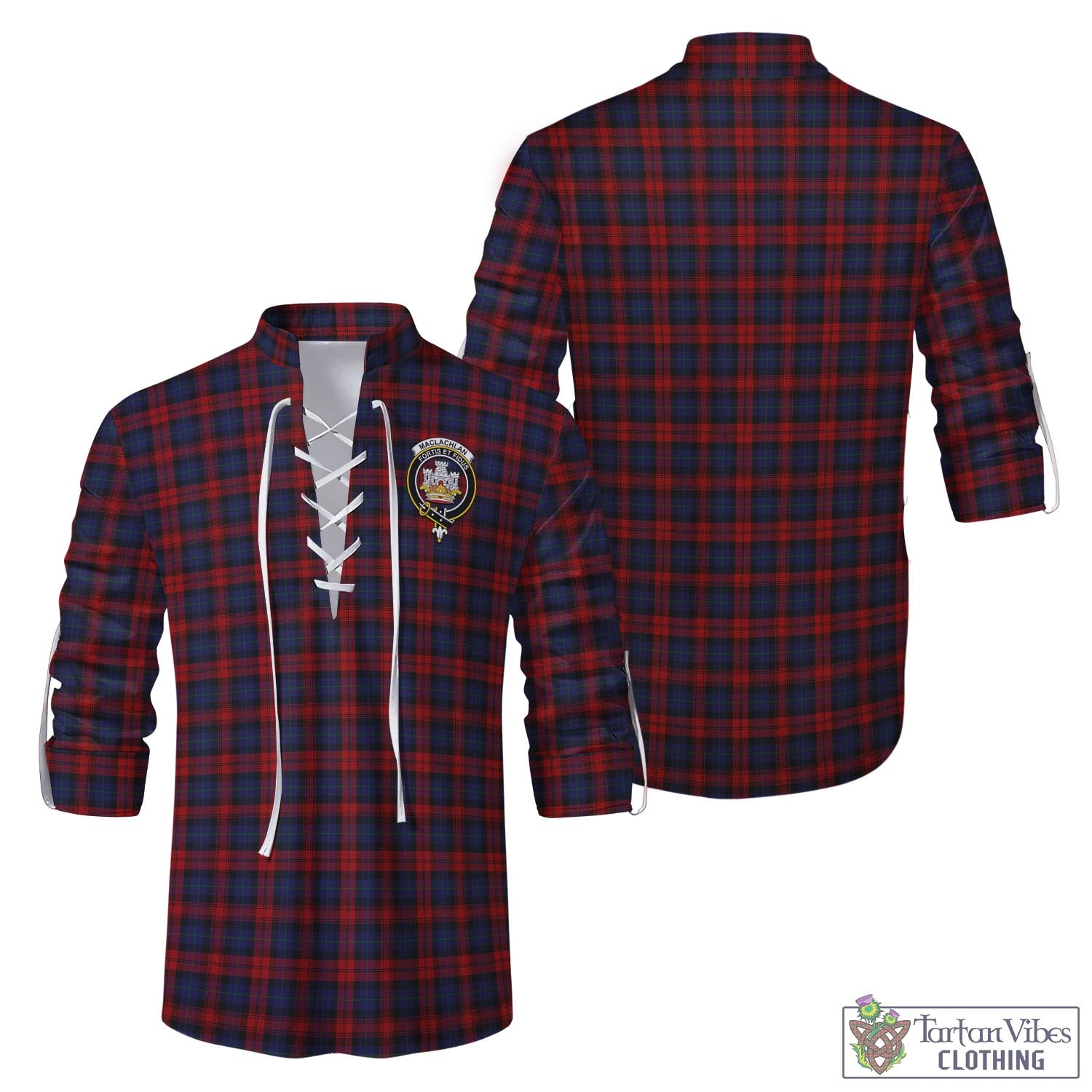 Tartan Vibes Clothing MacLachlan Tartan Men's Scottish Traditional Jacobite Ghillie Kilt Shirt with Family Crest