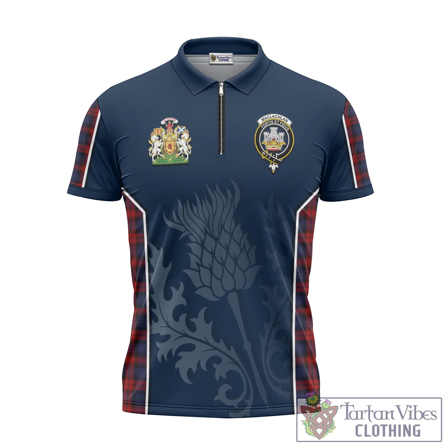 Tartan Vibes Clothing MacLachlan Tartan Zipper Polo Shirt with Family Crest and Scottish Thistle Vibes Sport Style