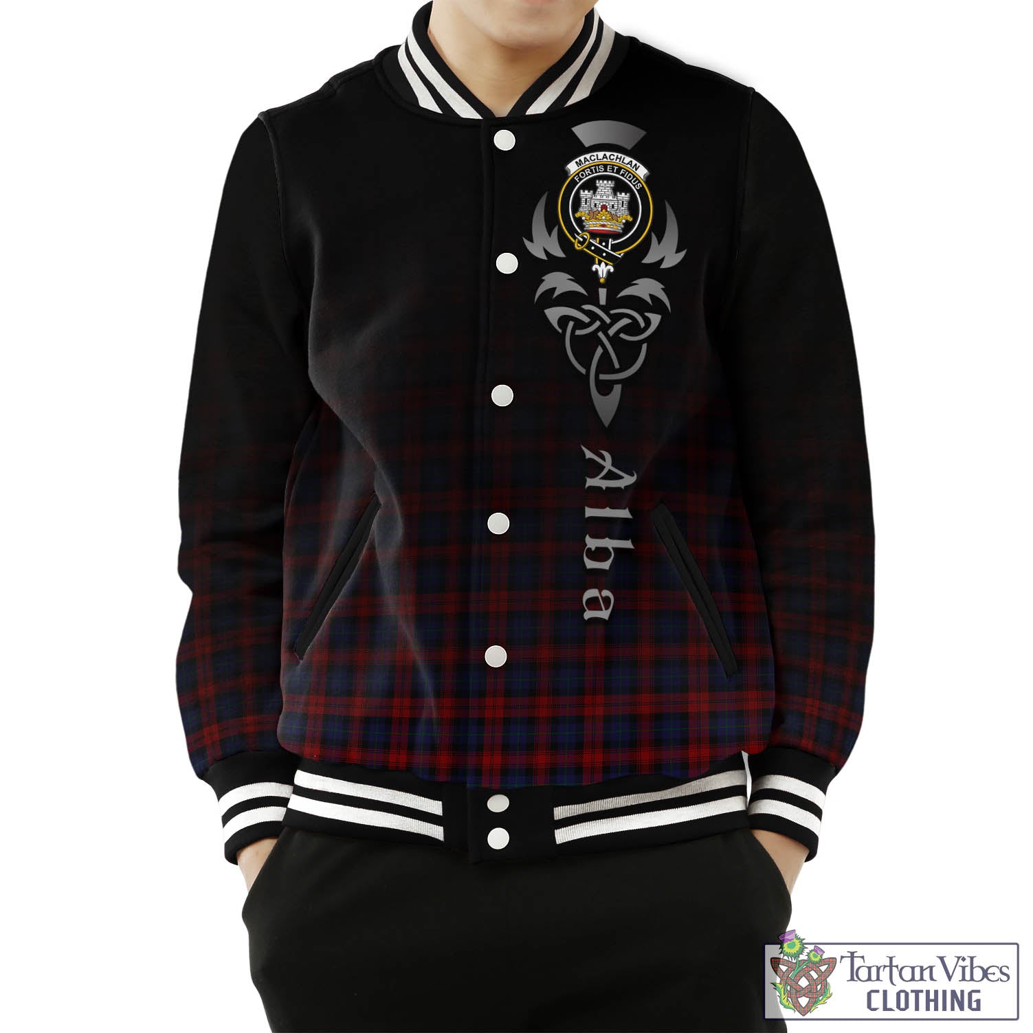 Tartan Vibes Clothing MacLachlan Tartan Baseball Jacket Featuring Alba Gu Brath Family Crest Celtic Inspired