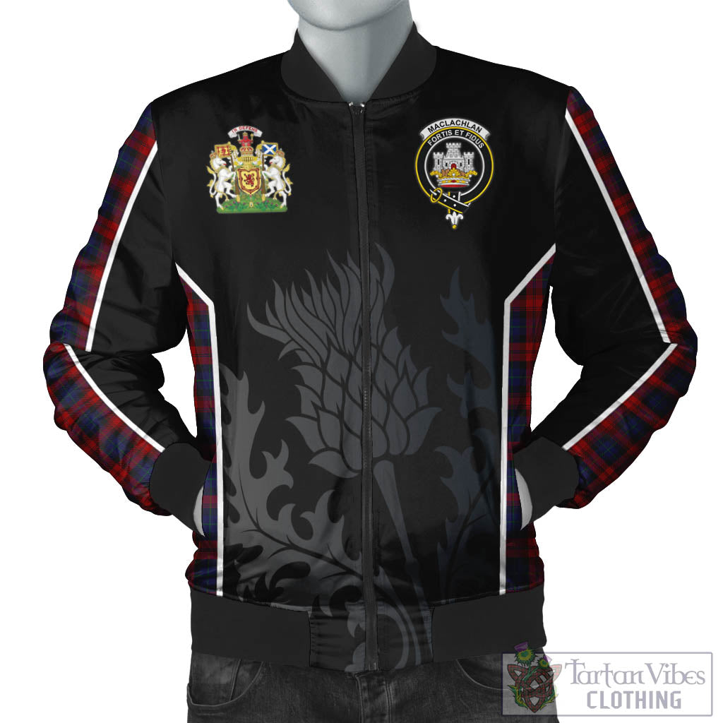 Tartan Vibes Clothing MacLachlan Tartan Bomber Jacket with Family Crest and Scottish Thistle Vibes Sport Style