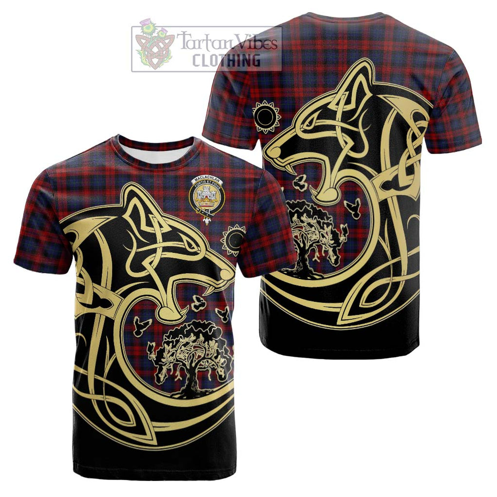 Tartan Vibes Clothing MacLachlan Tartan Cotton T-shirt with Family Crest Celtic Wolf Style