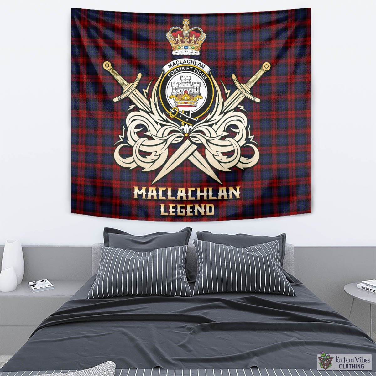 Tartan Vibes Clothing MacLachlan Tartan Tapestry with Clan Crest and the Golden Sword of Courageous Legacy