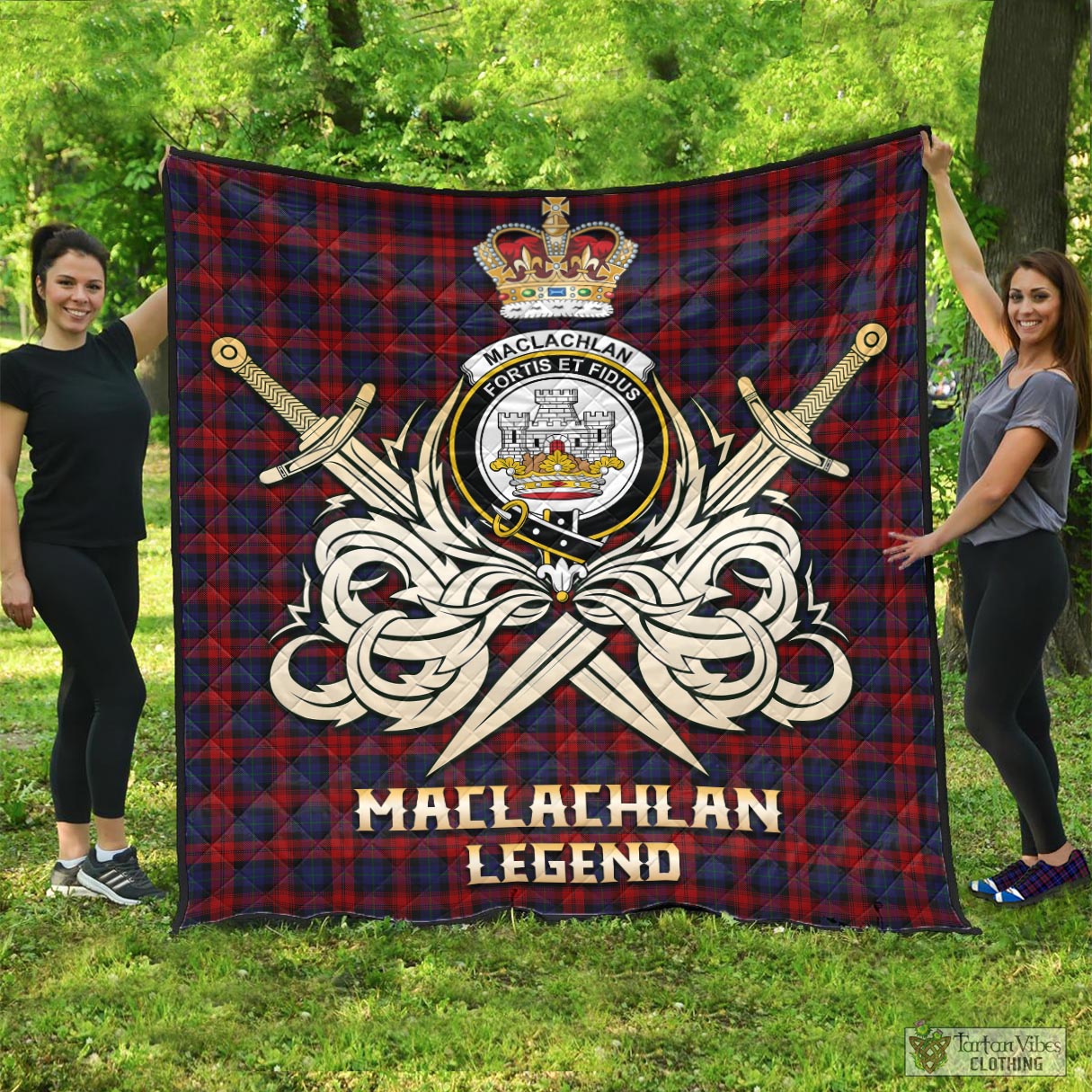 Tartan Vibes Clothing MacLachlan Tartan Quilt with Clan Crest and the Golden Sword of Courageous Legacy