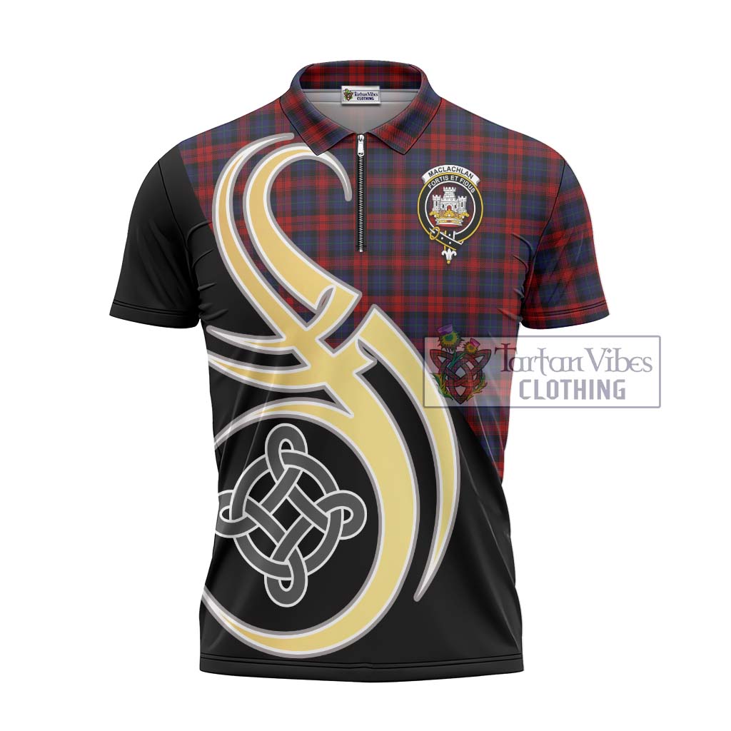 Tartan Vibes Clothing MacLachlan Tartan Zipper Polo Shirt with Family Crest and Celtic Symbol Style