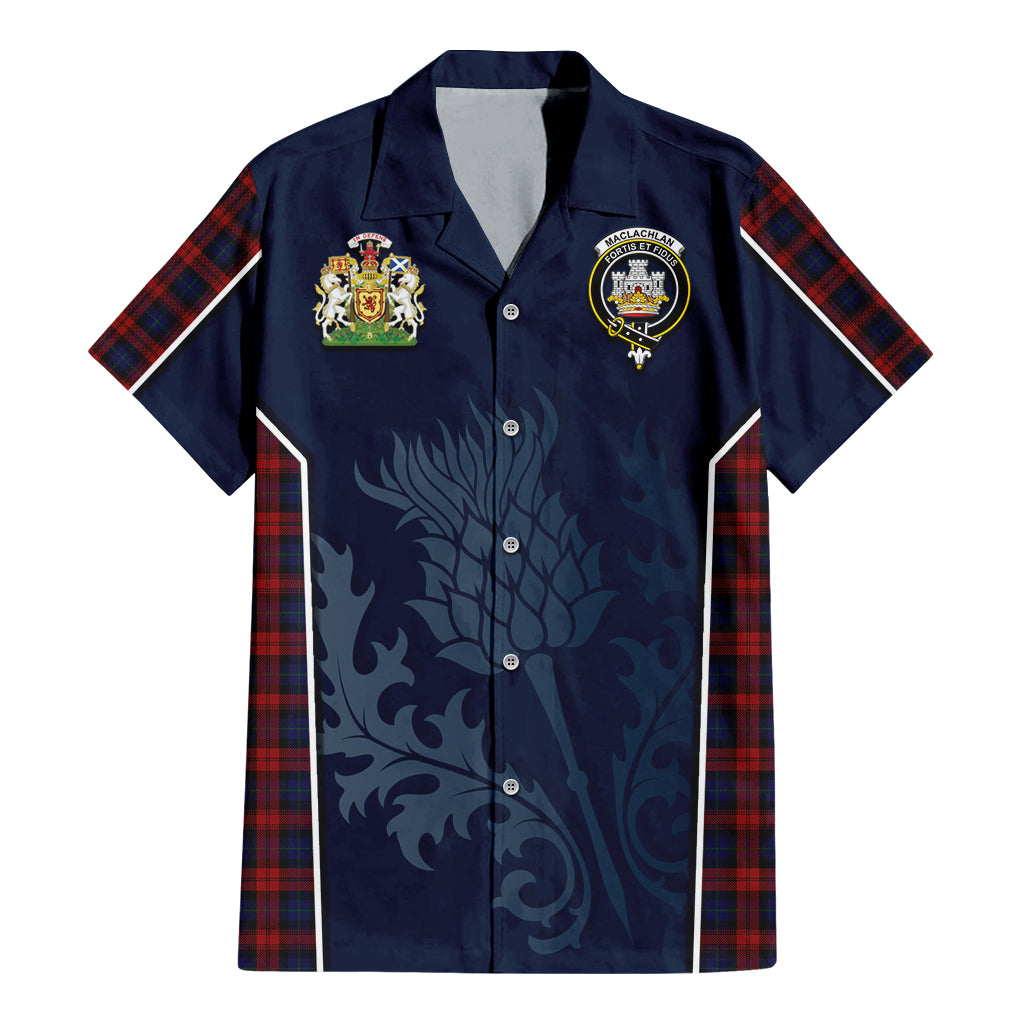 Tartan Vibes Clothing MacLachlan Tartan Short Sleeve Button Up Shirt with Family Crest and Scottish Thistle Vibes Sport Style