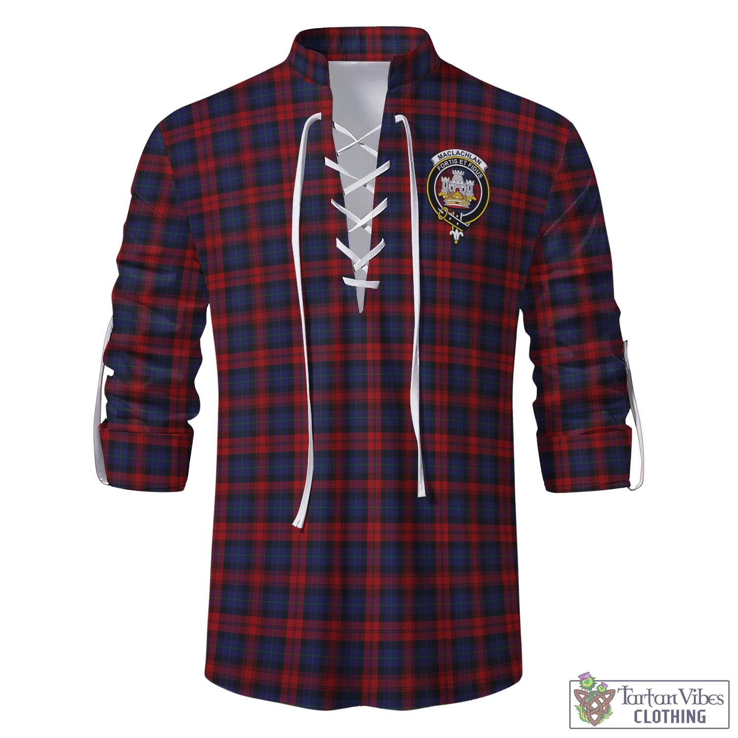 Tartan Vibes Clothing MacLachlan Tartan Men's Scottish Traditional Jacobite Ghillie Kilt Shirt with Family Crest