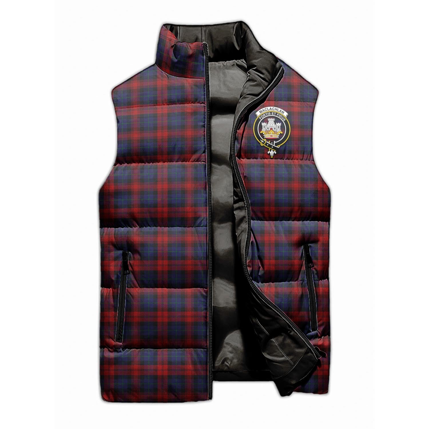 MacLachlan Tartan Sleeveless Puffer Jacket with Family Crest - Tartanvibesclothing